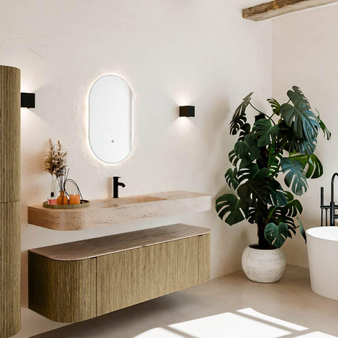 MONDIAZ THOR-DLUX 150cm meuble de salle de bains arrondi gauche + droite couleur Dusk avec 1 tiroir et 2 portes. Vasque suspendue CLOUD Milieu 1 trou de robinet couleur Saba. SW1464856