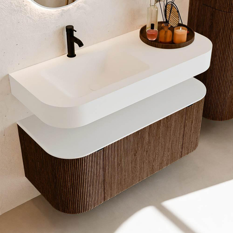 MONDIAZ THOR 110cm meuble de salle de bains arrondi gauche + droite couleur Walnut avec 1 tiroir et 2 portes. Vasque suspendue CLOUD gauche 1 trou de robinet couleur Talc. SW1462759