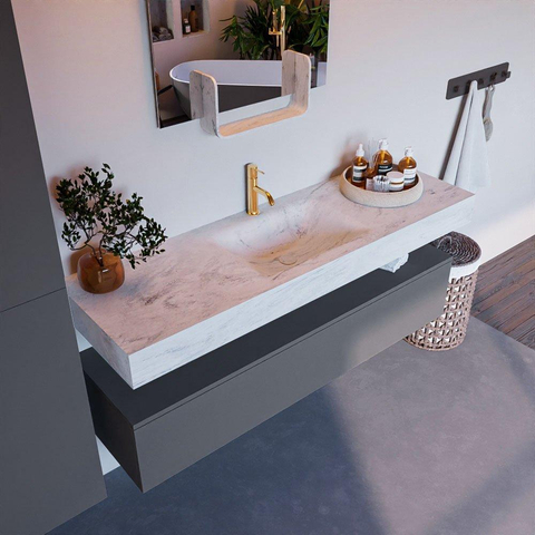 Mondiaz ALAN-DLUX Ensemble de meuble - 150cm - meuble Plata mat - 1 tiroir - Lavabo Cloud Opalo suspendu - vasque Centre - 1 trou de robinet SW807096