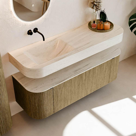 MONDIAZ THOR-DLUX 140cm meuble de salle de bains arrondi gauche + droite couleur Dusk avec 1 tiroir et 2 portes. Vasque suspendue CLOUD Gauche sans trou de robinet couleur Meli. SW1464403