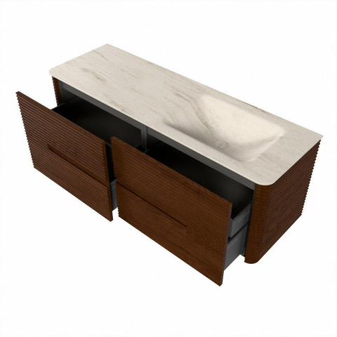 Mondiaz CIRO-DLUX Meuble de salle de bains - 140x45x50cm - Plan vasque Solid surface Meli - 1 vasque à droite - sans trous de robinetterie - 4 tiroirs - Ruby SW1531764