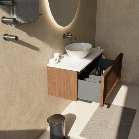 Saniclass Holz Frame Badkamermeubelset - 100x45x42.5cm - Torino solid surface topblad wit - zonder kraangat - 1 lade - mat walnut pure (hout) SW1478706