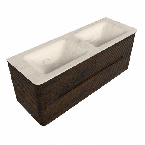 Mondiaz CIRO-DLUX Badkamermeubelset - 130x45x50cm - Solid surface wastafel Meli - 2 wasbak Dubbel - 2 kraangaten - 4 lades - Walnut SW1530497