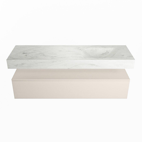Mondiaz ALAN-DLUX Ensemble de meuble - 150cm - meuble Linen mat - 1 tiroir - Lavabo Cloud Opalo suspendu - vasque Droite - 0 trous de robinet SW806664