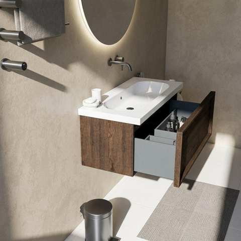 Saniclass Holz Frame Ensemble meuble de salle de bains - 100x45x43.5cm - lavabo en céramique Palermo blanc - 1 vasque - sans trou de robinet - 1 tiroir - chêne charcoal mat (bois) SW1478607