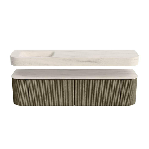 MONDIAZ THOR-DLUX 180cm meuble de salle de bains arrondi gauche + droite couleur Shadow avec 2 tiroirs et 2 portes. Vasque suspendue CLOUD Gauche sans trou de robinet couleur Meli. SW1466191