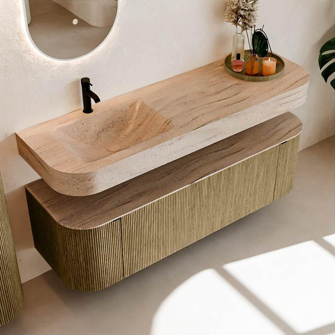 MONDIAZ THOR-DLUX 150cm meuble de salle de bains arrondi gauche + droite couleur Dusk avec 1 tiroir et 2 portes. Vasque suspendue CLOUD gauche 1 trou de robinet couleur Saba. SW1464911