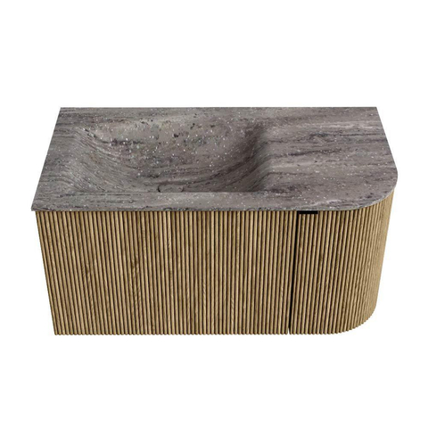 MONDIAZ KURVE-DLUX Meuble de salle de bains 85cm arrondi Droite couleur Dusk avec 1 tiroir et 1 porte. Lavabo CLOUD Gauche sans trou de robinet Oza. SW1432954