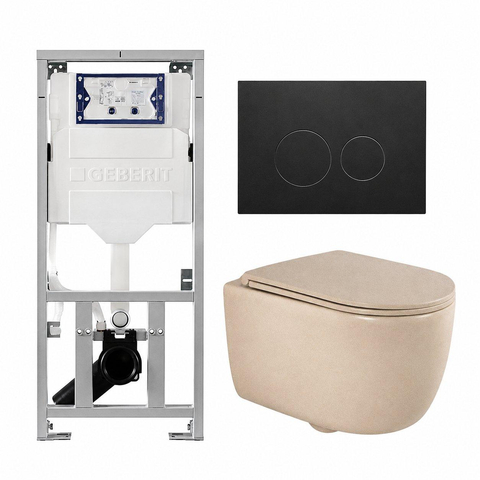 QeramiQ Dely Swirl Toiletset - 36.3x51.7cm - Geberit UP320 inbouwreservoir - met Burda frame - slim zitting - mat zwarte bedieningsplaat - ronde knoppen - mat beige SW1130212