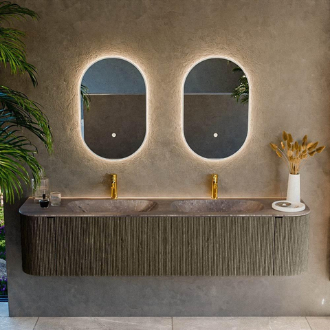 MONDIAZ KURVE-DLUX Meuble de salle de bains 190cm arrondi gauche + droite couleur Shadow avec 2 tiroirs et 2 portes. Vasque STOR SMALL Double 2 trous de robinet Oza. SW1432943