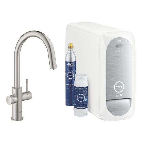 Grohe Blue Home Keukenkraan - uittrekbare c uitloop - 1 gats - filterfunctie - plat licht en bruisend water - Brushed Supersteel (RVS) SW236970