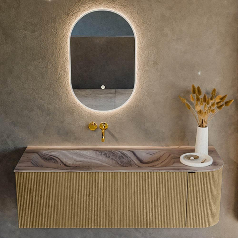 MONDIAZ KURVE-DLUX Meuble de salle de bains 135cm arrondi à droite couleur Dusk avec 1 tiroir et 1 porte. Lavabo BIG MEDIUM à gauche sans trou de robinet Sombra. SW1433864
