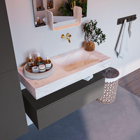 Mondiaz ALAN-DLUX Ensemble de meuble - 100cm - meuble Dark grey mat - 1 tiroir - Lavabo Cloud Ostra suspendu - vasque Droite - 0 trous de robinet SW807320