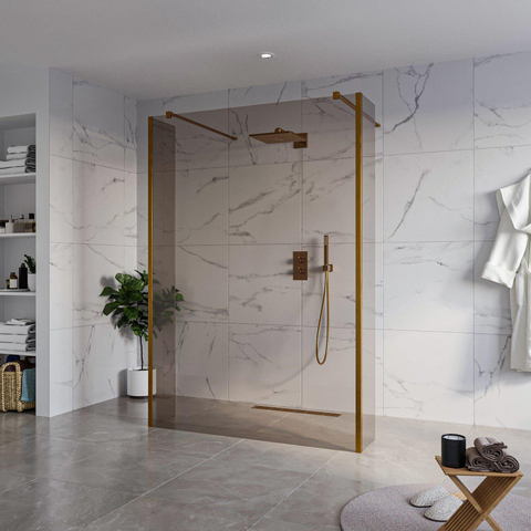 Fortifura Galeria Vrijstaande Inloopdouche - 140x200cm - Rookglas - antikalk - 8mm veiligheidsglas - 2 zijwanden - 40cm - wandsteunen en hoekprofielen - PVD - geborsteld koper SW993180