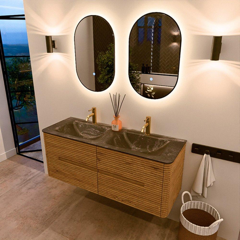 Mondiaz CIRO-DLUX Meuble de salle de bains - 130x45x50cm - Lavabo solid surface Lava - 2 vasques Double - 2 trous de robinet - 4 tiroirs - Chêne SW1531097