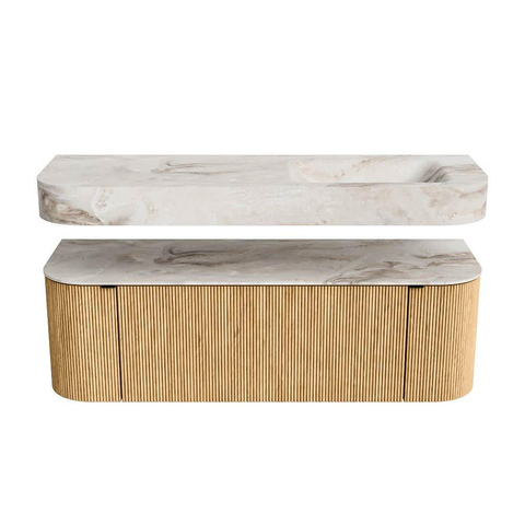 MONDIAZ THOR-DLUX Meuble de salle de bains 140cm arrondi gauche + droite couleur Oak avec 1 tiroir et 2 portes. Vasque suspendue CLOUD Droite 1 trou de robinet couleur Frappe. SW1463892