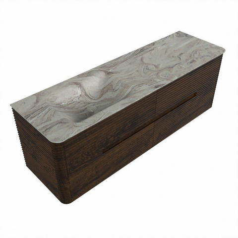 Mondiaz CIRO-DLUX Meuble de salle de bains set - 150x45x50cm - Vasque solid surface Glace - 1 lavabo à gauche - 1 trou de robinet - 4 tiroirs - Noyer SW1530274