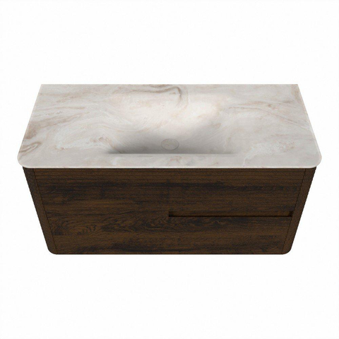 Mondiaz CIRO-DLUX Meuble de salle de bains - 100x45x50cm - vasque solid surface Frappe - 1 lavabo au milieu - sans trous de robinet - 2 tiroirs - Noyer SW1530275