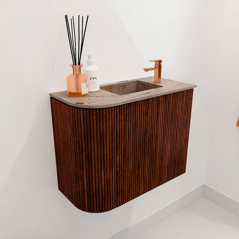 Mondiaz JOYA-DLUX Meuble de toilette 51,6cm - arrondi gauche couleur Ruby - Vasque FAYE position Droite 1 trou de robinet couleur Arena. SW1425293
