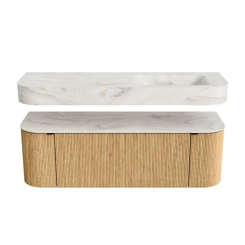 MONDIAZ THOR-DLUX 140cm meuble de salle de bains arrondi gauche + droite couleur Oak avec 1 tiroir et 2 portes. Vasque suspendue CLOUD Droite 1 trou de robinet couleur Ostra. SW1463947