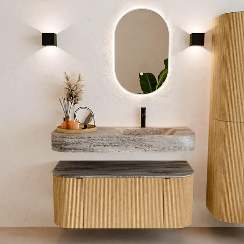 MONDIAZ THOR-DLUX 110cm badmeubel ronding links + rechts kleur Oak met 1 lade en 2 deuren. Vrijhangende wastafel CLOUD Rechts 1 kraangat kleur Oza. SW1462976