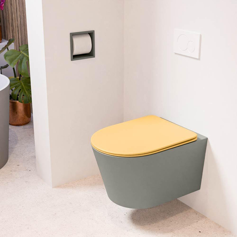 Mondiaz LAVIE hangtoilet – spoelrandloos – 36 x 53 cm – met softclose zitting – Smoke (lichtbruin), zitting Ocher (geel) SW1208679