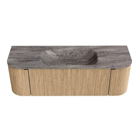 MONDIAZ KURVE-DLUX Meuble de salle de bains 140cm arrondi Gauche + Droite couleur Chêne avec 1 tiroir et 2 portes. Lavabo BIG SMALL Central 1 trou de robinet Oza. SW1432632