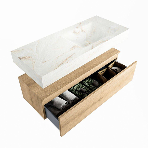 MONDIAZ ALAN - DLUX Badkamermeubelset - 110cm - onderkast - Washed Oak - 1 lade - vrijhangende wastafel - wasbak rechts - 1 kraangat - Frappe SW808607