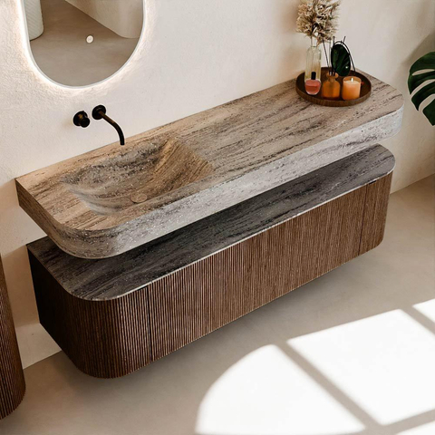 MONDIAZ THOR-DLUX Meuble de salle de bains - 160cm - arrondi gauche + droite - couleur Walnut - 1 tiroir et 2 portes - Vasque suspendue CLOUD Gauche sans trou de robinet - couleur Oza SW1465281