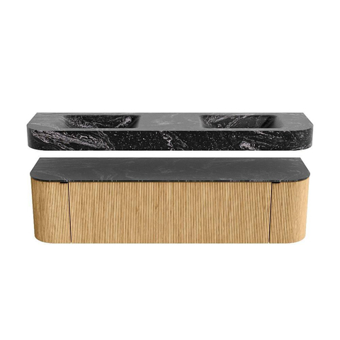 MONDIAZ THOR-DLUX 170cm badmeubel ronding links + rechts kleur Oak met 1 lade en 2 deuren. Vrijhangende wastafel CLOUD Dubbel 2 kraangaten kleur Lava. SW1465418