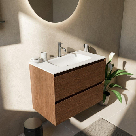 Saniclass Holz Pure Ensemble meuble de salle de bains - 80x45x61.5cm - Flow lavabo en solid surface blanc - 1 vasque - 1 trou de robinetterie - 2 tiroirs - noyer pure mat (bois) SW1478391