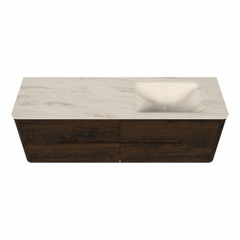 Mondiaz CIRO-DLUX Ensemble de meubles de salle de bains - 150x45x50cm - lavabo solid surface Meli - 1 vasque à droite - sans trous de robinet - 4 tiroirs - Noyer SW1530530