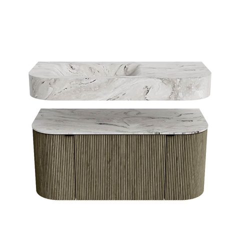 MONDIAZ THOR-DLUX 100cm meuble de salle de bains arrondi gauche + droite couleur Shadow avec 1 tiroir et 2 portes. Vasque suspendue CLOUD gauche sans trou de robinet couleur Glace. SW1467442