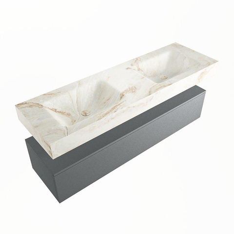 Mondiaz ALAN-DLUX Ensemble de meuble - 150cm - meuble Plata mat - 1 tiroir - Lavabo Cloud Frappe suspendu - vasque Gauche et droite - 2 trous de robinet SW805216