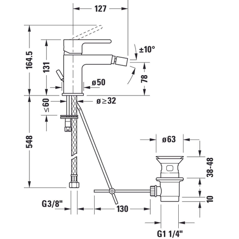 Duravit B.2 1 greeps bidetmengkraan - 148x42x131mm - hoogglans chroom SW157848