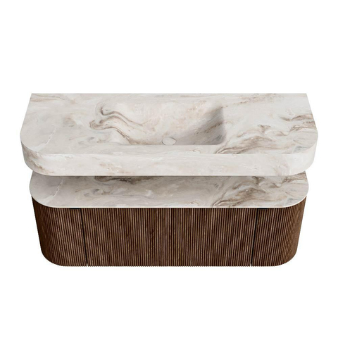 MONDIAZ THOR-DLUX 130cm meuble de salle de bains arrondi gauche + droite couleur Walnut avec 1 tiroir et 2 portes. Vasque suspendue CLOUD Milieu 1 trou de robinet couleur Frappe. SW1463557