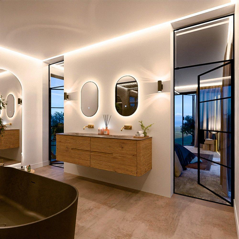 Mondiaz CIRO-DLUX Ensemble de meubles de salle de bains - 180x45x50cm - Vasque en solid surface Oza - 2 bassins Double - sans trous de robinet - 4 tiroirs - Chêne SW1531211