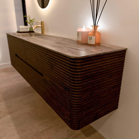 Mondiaz CIRO-DLUX Badkamermeubelset - 180x45x50cm - Solid surface wastafel Sombra - 1 wasbak Links - 1 kraangat - 4 lades - Walnut SW1530837