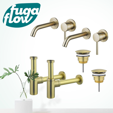FugaFlow Eccelente Sobrado Slim Kit robinet lavabo - pour double vasque - robinet rehaussé - bonde non-obturable - siphon design - Laiton brossé PVD SW1124369
