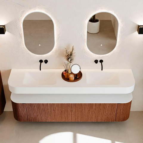 MONDIAZ THOR 190cm meuble de salle de bains arrondi gauche + droite couleur Ruby avec 2 tiroirs et 2 portes. Vasque suspendue CLOUD Double sans trou de robinet couleur Talc. SW1467704