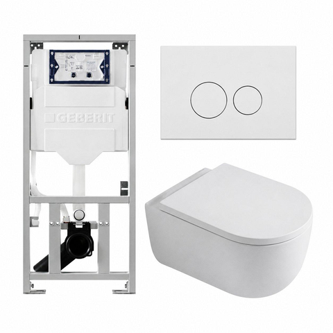 QeramiQ Dely Swirl Toiletset - 36.3x51.7cm - Geberit UP320 inbouwreservoir - met Burda frame - 35mm zitting - mat witte metalen bedieningsplaat - ronde knoppen - glans wit SW1138651