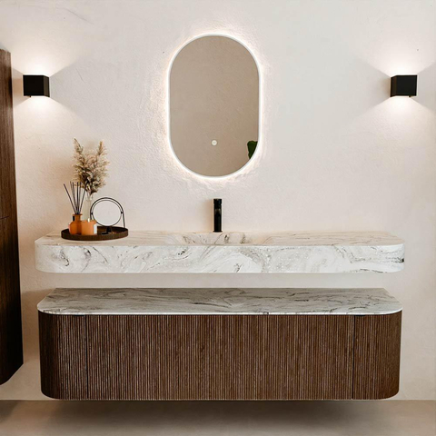 MONDIAZ THOR-DLUX 170cm badmeubel ronding links + rechts kleur Walnut met 1 lade en 2 deuren. Vrijhangende wastafel CLOUD Midden 1 kraangat kleur Glace. SW1465570