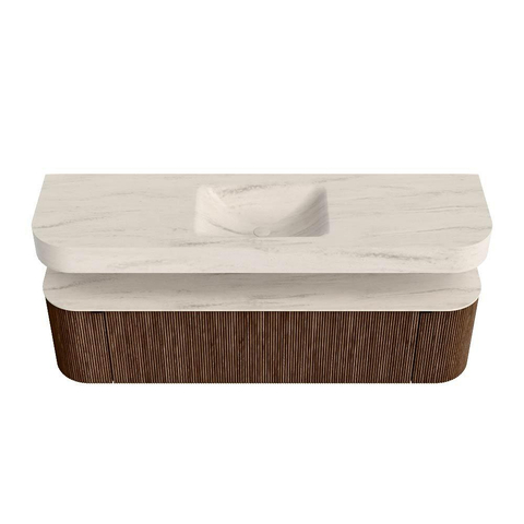 MONDIAZ THOR-DLUX 170cm meuble de salle de bains arrondi gauche + droite couleur Walnut avec 1 tiroir et 2 portes. Vasque suspendue CLOUD Milieu 1 trou de robinet couleur Meli. SW1465749