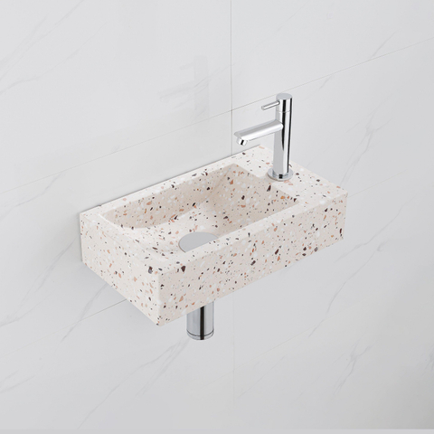 FugaFlow Eccelente Pietra Ensemble fontaine - 40x22x10cm - trou de robinet à droite - robinet de fontaine chrome - bouchon de vidange - siphon abaissé - beige mat SW1469002