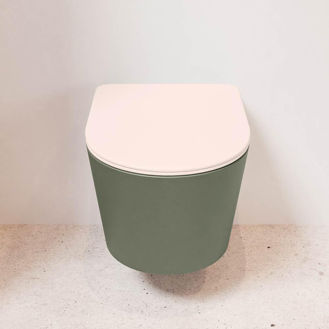 Mondiaz LAVIE hangtoilet – spoelrandloos – 36 x 53 cm – met softclose zitting – Army (groen), zitting Rosee (roze) SW1208683