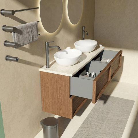 Saniclass Holz Frame Badkamermeubelset - 140x45x63cm - Travertine natuurstenen topblad - 2 kraangaten - 4 lades - glans walnut pure (hout) SW1580045
