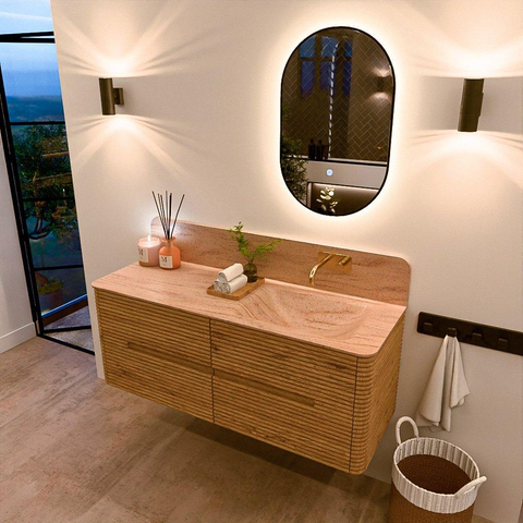 Mondiaz CIRO-DLUX Badkamermeubelset - 130x45x50cm - Solid surface wastafel Saba - 1 wasbak Rechts - zonder kraangaten - 4 lades - Oak SW1531179