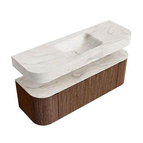 MONDIAZ THOR-DLUX 140cm badmeubel ronding links + rechts kleur Walnut met 1 lade en 2 deuren. Vrijhangende wastafel CLOUD Midden 1 kraangat kleur Ostra. SW1464094