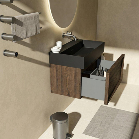 Saniclass Holz Frame Badkamermeubelset - 80x45x52cm - Legend keramische wastafel mat zwart - 1 wasbak - zonder kraangat - 1 lade - mat eiken charcoal (hout) SW1579678