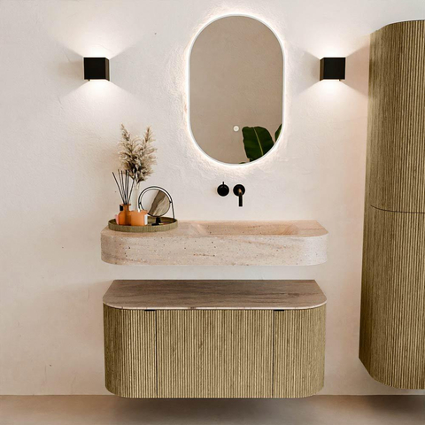 MONDIAZ THOR-DLUX 100cm meuble de salle de bains arrondi gauche + droite couleur Dusk avec 1 tiroir et 2 portes. Vasque suspendue CLOUD Droite sans trou de robinet couleur Saba. SW1467726